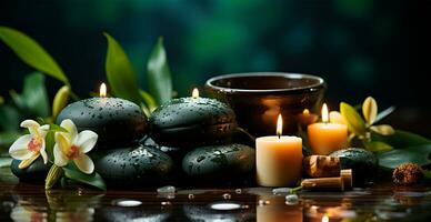 wellness dekoration, spa massage, olja på sten bakgrund. zen, avslappning begrepp - ai genererad bild foto