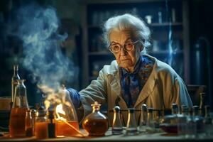 kunnig gammal kemist kvinna i gammal laboratorium. generera ai foto