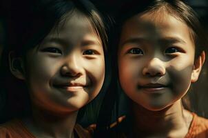 glad asiatisk tvilling flickor porträtt. generera ai foto