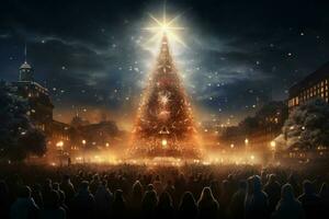 jul träd belysning på natt med stjärna glöd. generera ai foto