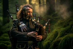 bagpipe musik man porträtt utomhus. generera ai foto