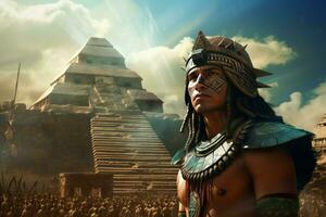 gammal aztec stark man gammal pyramid. generera ai foto