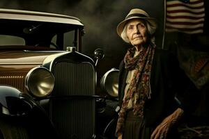 glimmande amerikan gammal kvinna bil 1920 år. generera ai foto