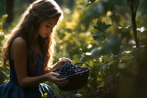 en ung flicka med en korg av färsk blåbär. ai genererad foto