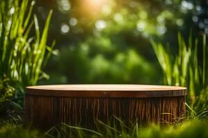en rustik trä- podium omgiven förbi gräs i de utomhus- natur landskap Foto bakgrund ai generativ