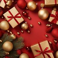 jul gåvor och bollar, grannlåt på röd bakgrund genererad ai foto