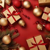 jul gåvor och bollar, grannlåt på röd bakgrund genererad ai foto