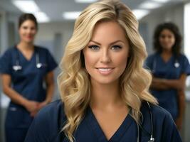 ai genererad en stinkande blond sjuksköterska med hetero hår bär mörk Marin blå amning scrubs foto
