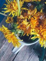 gula maskrosblommor i lerkanna, stora och fräscha huvuden, på träbakgrund. ovanifrån närbild. Livfulla färger. landsbygdens livsstil, semester, semester koncept foto