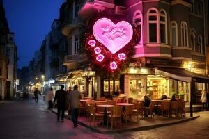 ai generativ. Kafé i de Centrum av de kväll stad med en neon tecken i de form av en hjärta. horisontell Foto