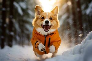 ai generativ. corgi klädd i ett orange jacka kör längs en snöig väg medan gående i de skog foto