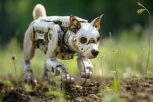 ai generativ. en robot hund rör sig tvärs över en fält under de dagtid. horisontell Foto