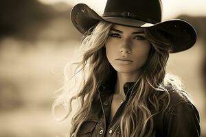 ai generativ. ung cowgirl kvinna i cowboy hatt ser självsäkert på kamera. horisontell Foto