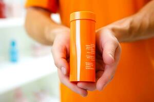 en man innehar ett orange flaska av piller i hans händer. närbild av en flaska. ai generativ foto