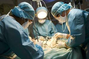 en grupp av kirurger utför ett drift i en militär sjukhus. ai generativ foto