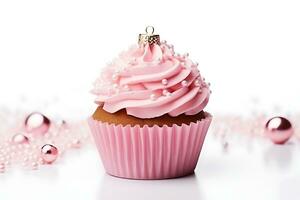 ai generativ. jul muffin i de form av en rosa jul boll på en vit bakgrund foto