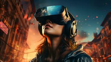 en ung flicka bär förändrad verklighet glasögon i en dator spel i de virtuell värld foto