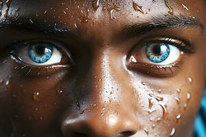 närbild porträtt av ett afrikansk amerikan man med blå ögon. regndroppar på de mannens ansikte. ai generativ foto