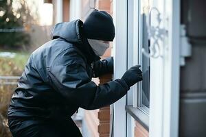 en rånare i en svart jacka, hatt, mask och handskar är påfrestande till öppen de dörr till ett lägenhet byggnad. ai generativ foto
