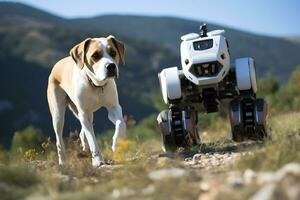 ai generativ. en hund och en robot på hjul flytta tvärs över en fält tillsammans. horisontell Foto