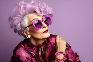 skön äldre modern kvinna i eleganta vinröd kläder med lila hår och glasögon Framställ på en lila bakgrund. ai generativ foto