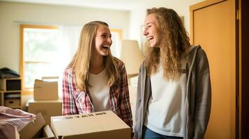 två studerande flickor packa upp saker i en studenthem rum. flickor chattar och skrattande. ai generativ foto