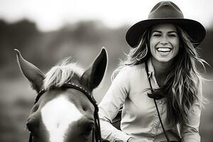 ai generativ. en ung cowgirl kvinna i en cowboy hatt skrattar. fotografi i svart och vit. horisontell Foto