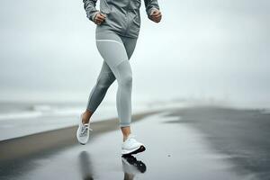 kvinna i en grå träningsoverall joggning längs de havsstrand i molnig dimmig väder. ai generativ foto