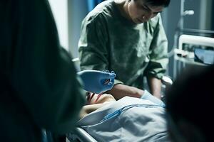 en militär läkare tillhandahåller först hjälpa till en sårad patient. ai generativ foto