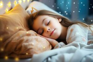 flicka barn sover i henne säng i en mörk barns rum med de natt ljus vände sig på. ai generativ foto