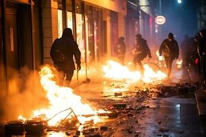 ai generativ. protest i de stad Centrum åtföljs förbi bränder och förstörelse foto