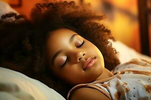 afrikansk amerikan flicka sovande i henne säng i en mörk barns rum med de natt ljus vände sig på. ai generativ foto