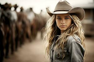 ai generativ. ung cowgirl kvinna i cowboy hatt ser självsäkert på kamera. horisontell Foto