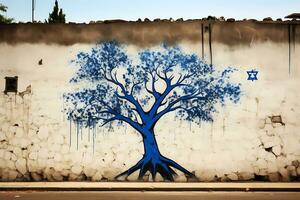 ai generativ. graffiti i de form av en blå träd på de vägg av ett israeli hus foto