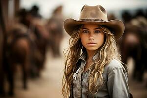 ai generativ. ung cowgirl kvinna i cowboy hatt ser självsäkert på kamera. horisontell Foto