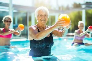 äldre Lycklig kvinnor do aqua aerobics med orange bollar. kvinnor se på de instruktör och upprepa de övningar. ai generativ foto