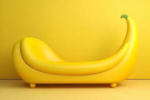 gul soffa i de form av en banan på en gul bakgrund, 3d. ai generativ foto