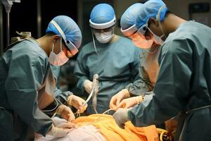 en grupp av kirurger utför ett drift i en militär sjukhus. ai generativ foto