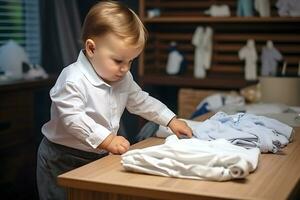 Söt litet barn pojke i byxor och en vit skjorta sätter saker i de garderob. ai generativ foto