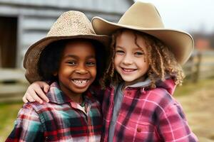 ai generativ. afrikansk amerikan och europeisk cowgirls i cowboy hattar ser på de kamera och leende. horisontell Foto