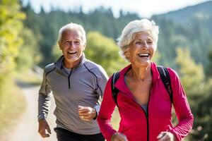ai generativ. ett äldre par joggning längs en naturskön väg med en leende på deras ansikte. horisontell Foto