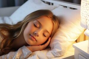 flicka barn sover i henne säng i en mörk barns rum med de natt ljus vände sig på. ai generativ foto