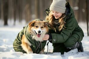 ai generativ. corgi i en värma grön jacka och en flicka hund ägare på en promenad i de parkera i vinter- foto