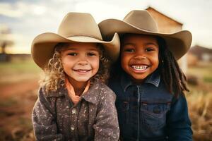 ai generativ. afrikansk amerikan och europeisk cowgirls i cowboy hattar ser på de kamera och leende. horisontell Foto