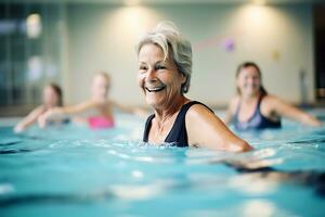 äldre Lycklig kvinnor do aqua aerobics i de inomhus- slå samman. kvinnor se på de instruktör och upprepa de övningar. ai generativ foto