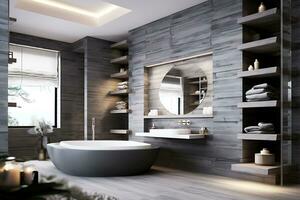 de interiör av de badrum är tillverkad i en minimalistisk stil från naturlig material. spa vård på Hem. ai generativ foto