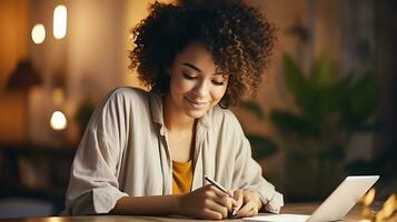 skön afrikansk amerikan kvinna studerar eller arbetssätt på Hem med en minibok. kvinna skrivning något och leende. ai generativ foto
