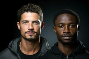två ung män av caucasian och afrikansk amerikan utseende i sporter jackor utgör mot en svart bakgrund. ung män se på de kamera allvarligt. ai generativ foto