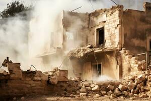 ai generativ. rök runt om de förstörd byggnad från bomber och missiler. förstörd byggnader, krig, konflikt foto