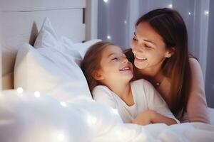 mor lyckönskningar henne dotter Bra natt i de barns rum. mor och dotter leende. ai generativ foto